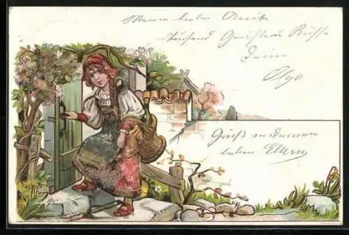 Glitzer-Perl-AK Mädchen mit Perlen vor einer Haustür