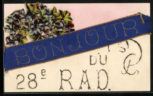 Glitzer-Perl-AK Blumen mit Stoffbanner Bonjour, du 28e R. A. D. aus Glitzer