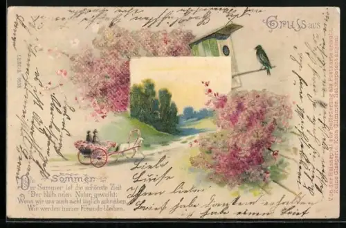 Glitzer-Perl-AK Pferdekutsche in einer sommerlichen Landschaft