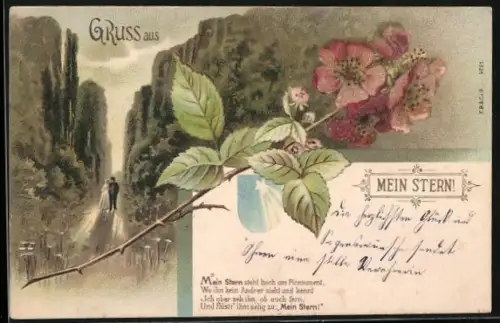 Glitzer-Perl-AK Blühende Wildrose mit Glitzer-Perlen, Liebespaar beim Spaziergang