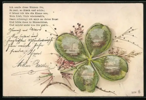 Glitzer-Perl-AK Idyllische Landschaften im Kleeblatt-Passepartout mit Glitzer-Perlen