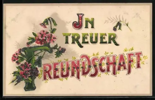 Glitzer-Perl-AK Schriftzug In treuer Freundschaft mit Glitzer-Perlen