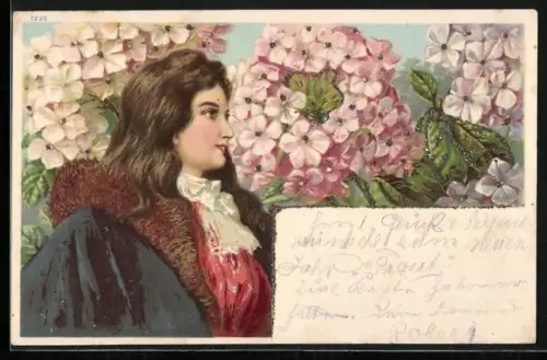 Glitzer-Perl-AK Dame vor rosanen Blumen in voller Blüte