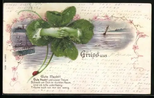 Glitzer-Perl-AK Seelandschaft mit Kleeblatt und Gedicht Gute Nacht