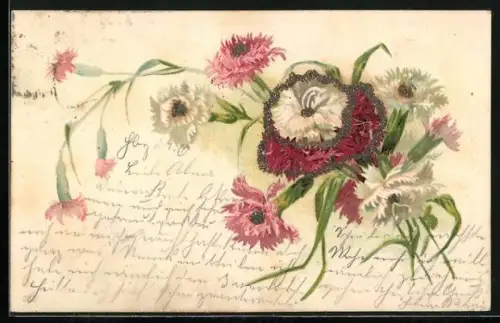Glitzer-Perl-AK Weisse und rosane Blumen mit Glitzer-Perlen