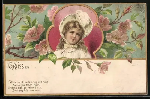 Glitzer-Perl-AK Porträt eines Mädchens vor rosanen Blüten mit Perlen