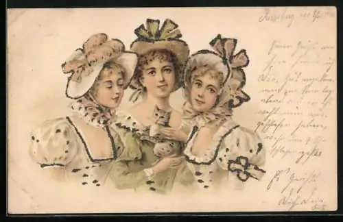 Glitzer-Perl-AK Porträt dreier Damen mit einem Kätzchen mit Glitzer-Perlen