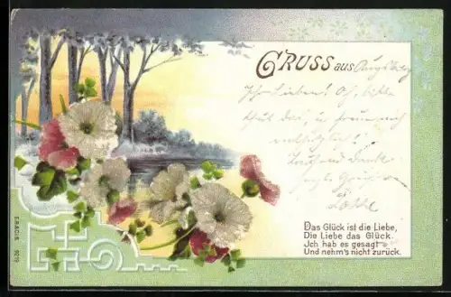 Glitzer-Perl-AK Bäume am Flussufer, Blumen mit Perlen