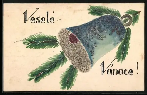 Glitzer-Perl-AK Glocke mit Glitzer-Perlen vor einem Tannenzweig, Veselé Vánoce!