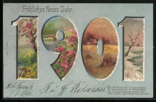 Glitzer-Perl-AK Jahreszeiten im Schriftzug 1901 mit Perlen, Neujahr