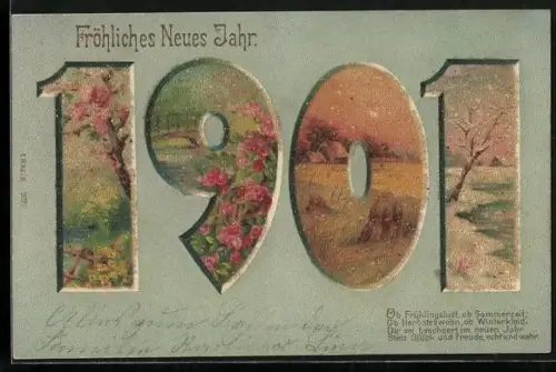 Glitzer-Perl-AK Jahreszeiten im Schriftzug 1901 mit Perlen, Neujahr