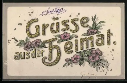 Glitzer-Perl-AK Schriftzug Grüsse aus der Heimat aus Blumen mit Glitzer-Perlen