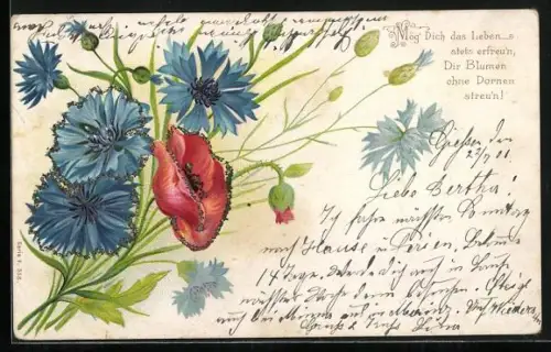 Glitzer-Perl-AK Mohn und Kornblumen mit Glitzer-Perlen