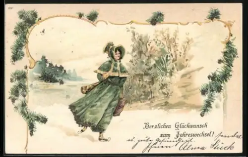 Glitzer-Perl-AK Dame auf Schlittschuhen in einer Winterlandschaft mit Glitzer-Perlen