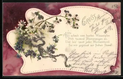 Glitzer-Perl-AK Blumenstrauss mit einer Schleife mit Glitzer-Perlen