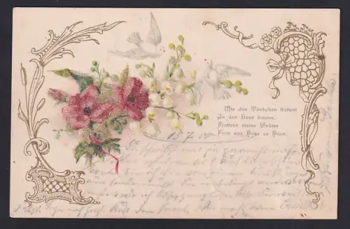 Glitzer-Perl-AK Weisse Tauben mit einem Blumenstrauss und Gedicht