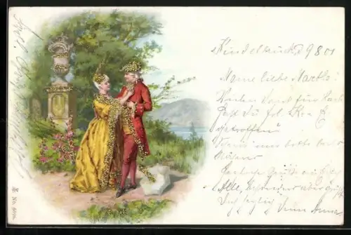 Glitzer-Perl-AK Paar in Rococo-Kleidung mit Glitzer-Perlen