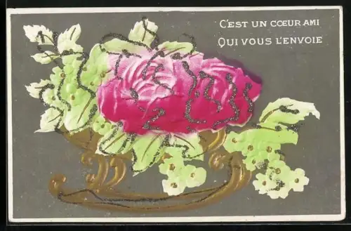 Glitzer-Perl-AK Schlitten mit Rosen in voller Blüte, C`est un coeur ami qui vous l`envoie