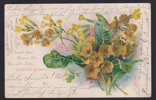 Glitzer-Perl-AK Strauss mit gelben Blumen und Gedicht