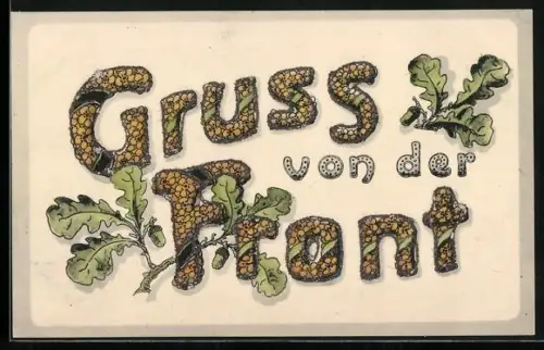 Glitzer-Perl-AK Schriftzug Gruss von der Front dekoriert mit Glitzer-Perlen