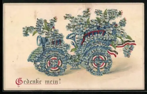 Glitzer-Perl-AK Automobil aus Vergissmeinnicht mit Glitzer-Perlen und Reichsfahne