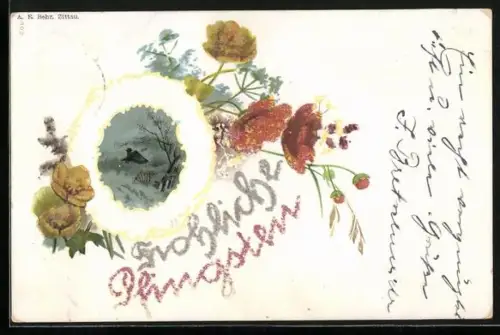 Glitzer-Perl-AK Idyllische Landschaft umrahmt von Blumen, Schriftzug Fröhliche Pfingsten mit Glitzer-Perlen
