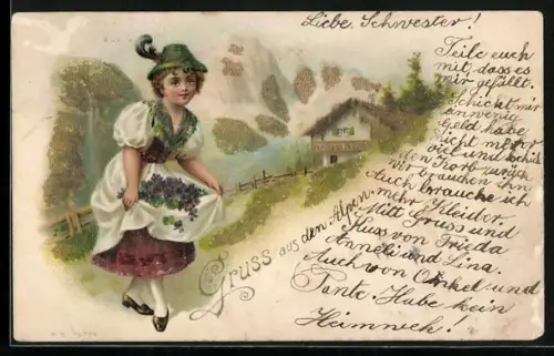 Glitzer-Perl-AK Mädchen in Tracht mit Veilchen in der Schürze