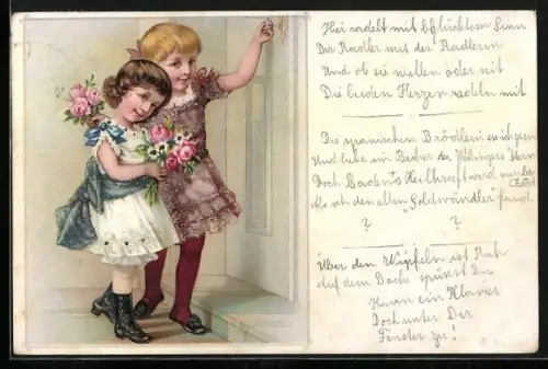 Glitzer-Perl-AK Zwei Kinder mit Blumensträussen und Perlen auf den Kleidern