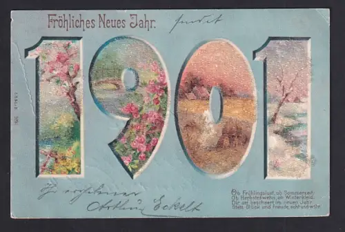 Glitzer-Perl-AK Jahreszahl 1901 mit verschieden Landschaftsansicht mit Perlen, Fröhliches Neues Jahr