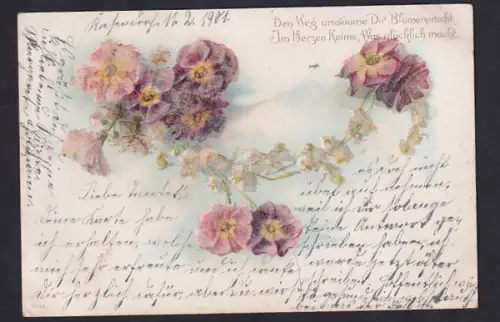 Glitzer-Perl-AK Blumen mit Perlen verziert und Gedicht