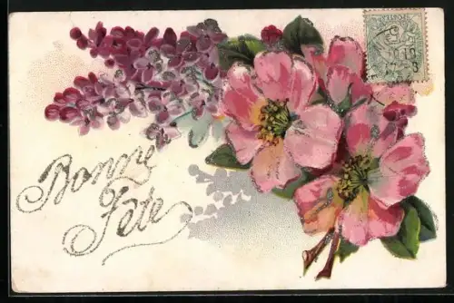 Glitzer-Perl-AK Bunter Blumenstrauss mit Glitzer-Perlen, Bonne Fête