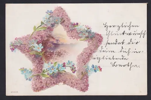 Glitzer-Perl-AK Idyllische Landschaft in sternförmigem Passepartout mit Perlen