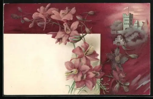 Glitzer-Perl-AK Burg aus der Ferne, Rosane Blumen mit Perlen