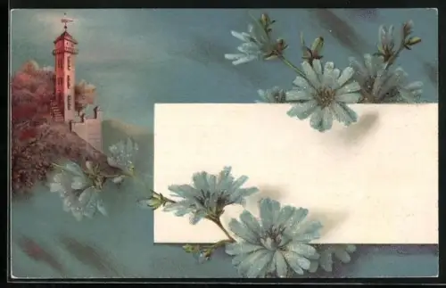 Glitzer-Perl-AK Burgturm aus der Ferne, Blaue Blumen mit Perlen