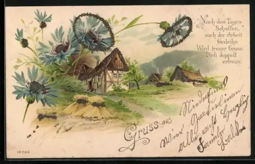 Glitzer-Perl-AK Sonnige Landschaft mit Häusern, Kornblumen mit Glitzer-Perlen