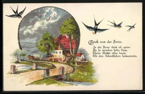 Glitzer-Perl-AK Brücke über einem Bächlein mit Schwalben