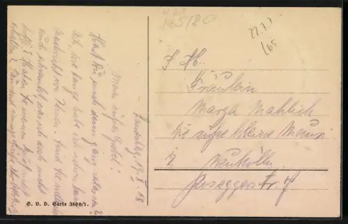 Glitzer-Perl-AK Brücke über einem Bächlein mit Schwalben