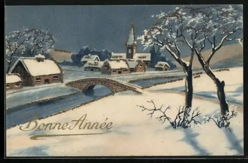 Glitzer-Perl-AK Winterliche Ortsansicht mit Brücke, Bonne Année