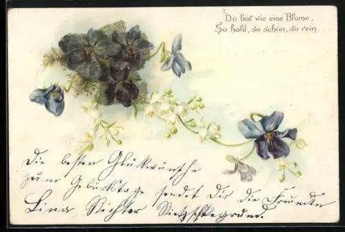 Glitzer-Perl-AK Veilchen mit Perlen und Gedicht