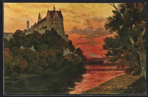 Künstler-AK Sigmaringen, Schloss bei Sonnenuntergang