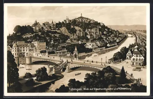 AK Tübingen, Blick auf Eberhardtbrücke mit Osterberg