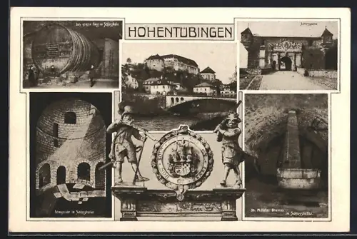 AK Tübingen, Schlossportal, Grosses Fass im Schlosskeller, tiefer Brunnen im Schlosskeller