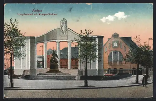AK Aachen, Hauptbahnhof mit Krieger-Denkmal