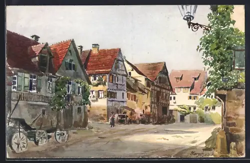 Künstler-AK Tübingen, Jakobsgasse, Fachwerkhäuser, Strassenansicht