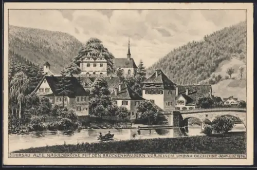 AK Hirsau, alte Nagoldbrücke mit Brückenhäusern