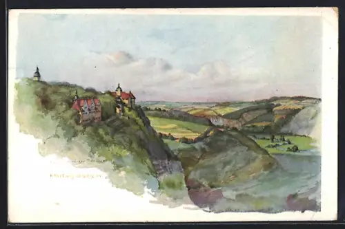 Künstler-AK Dornburg a. S., Panorama mit den 3 Schlössern