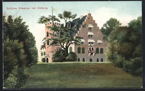 AK Oeslau, Schloss Rosenau mit Bäumen