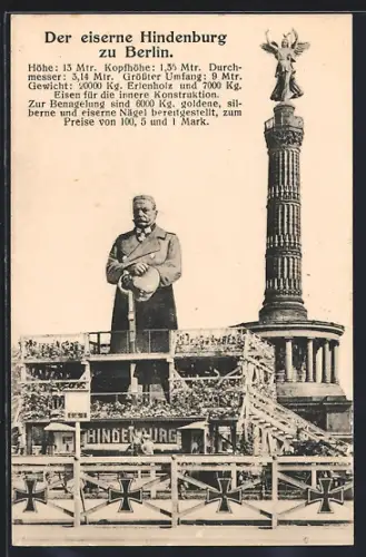 AK Berlin-Tiergarten, Eiserner Hindenburg mit Siegessäule und Publikum auf Gerüst mit Eisernen Kreuzen