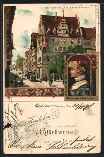 Lithographie Heilbronn a. Neckar, Käthchenhaus und Kaiserstrasse mit Strassenbahn, Käthchen v. Heilbronn