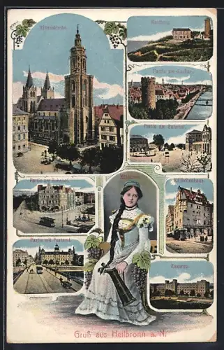 AK Heilbronn, Kilianskirche, Wartberg, Partie am Bahnhof, Strassenbahn, Partie mit Postamt, Kaserne, Kätchen